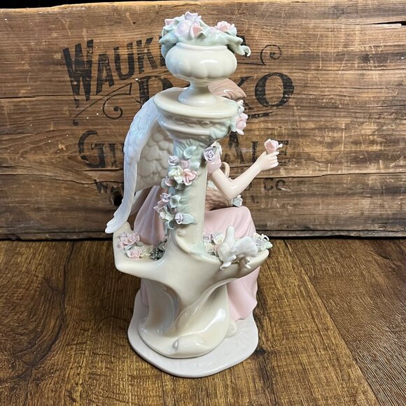 Porcelain Vintage Angel Figurine Seated on Bench Flowers & Dove - Picture 8 of 11